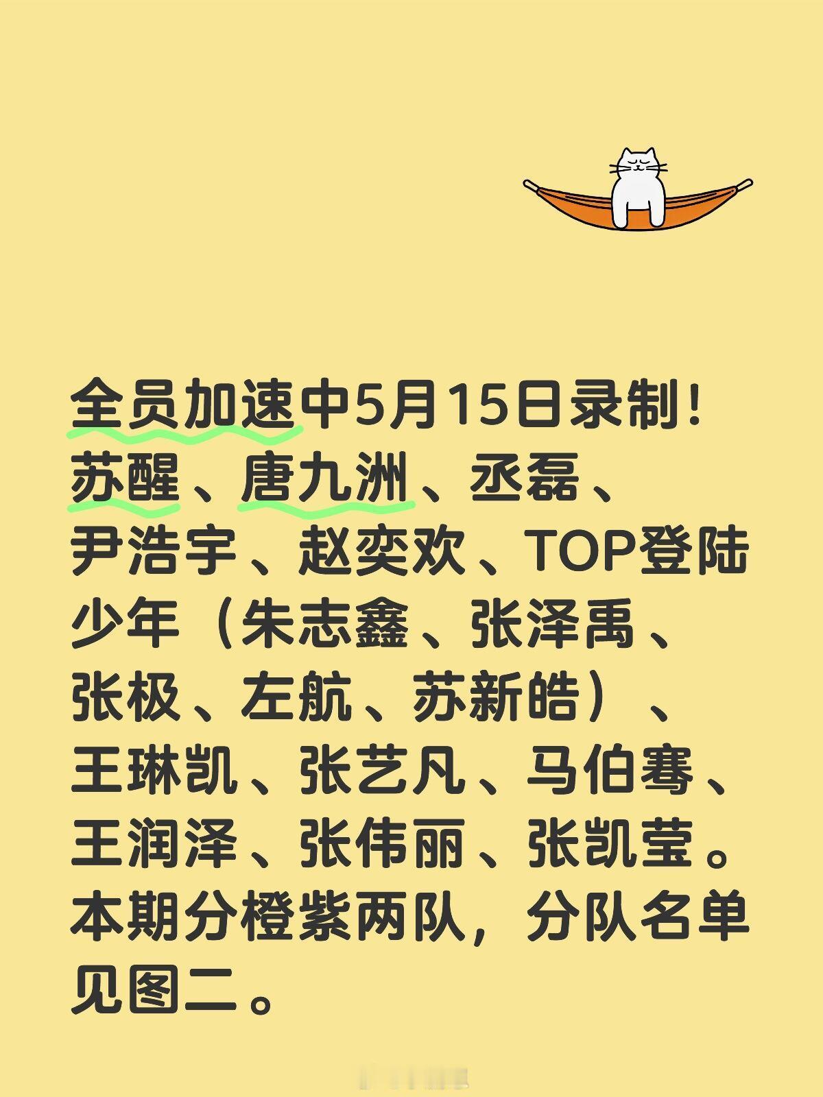 全员加速中[超话]在江苏盐城淮剧小镇进行第三次录制，加速队员共16人：苏醒、唐九