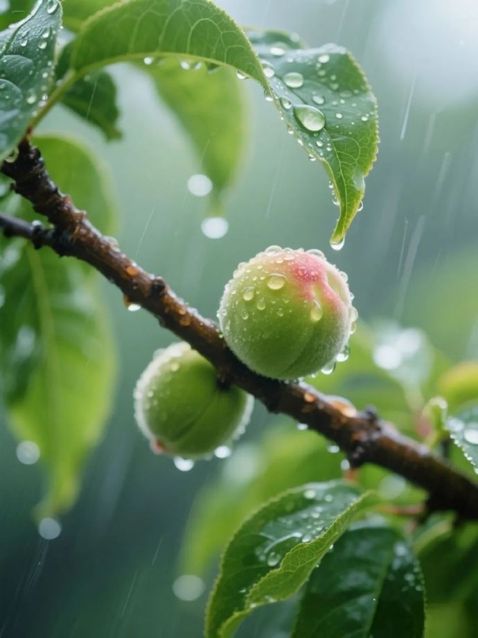 雨滴为桃子的青涩妆容点缀，增添了几分神秘与美丽。🌸💧 ​​​