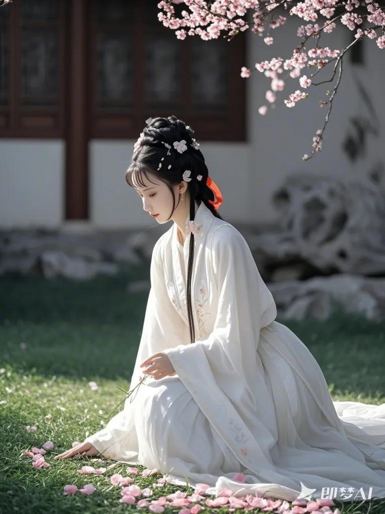 穿越时空的古典美人，静谧的庭院，花瓣飘落，烛光摇曳。古韵美女， 古装之韵。