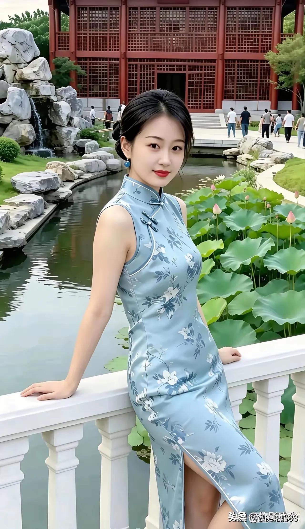 苗条的身材，娇美的面容。月塘荷色相辉映，形成一帧美人图倚栏而立，惊艳了游客的双眼