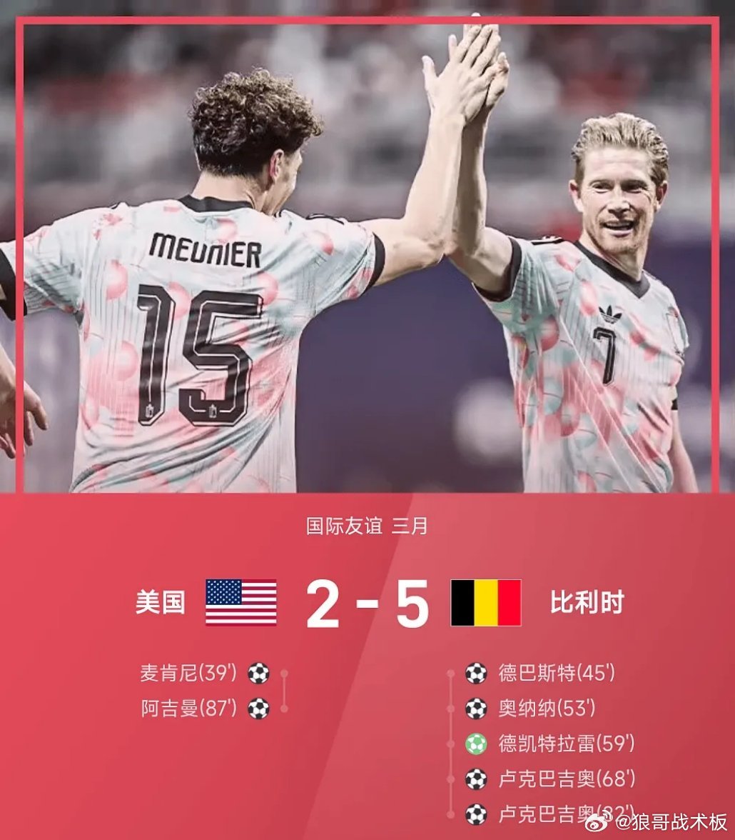 友谊赛战报：卢克巴吉奥替补双响，奥纳纳破门，比利时5-2美国03月29日 26赛