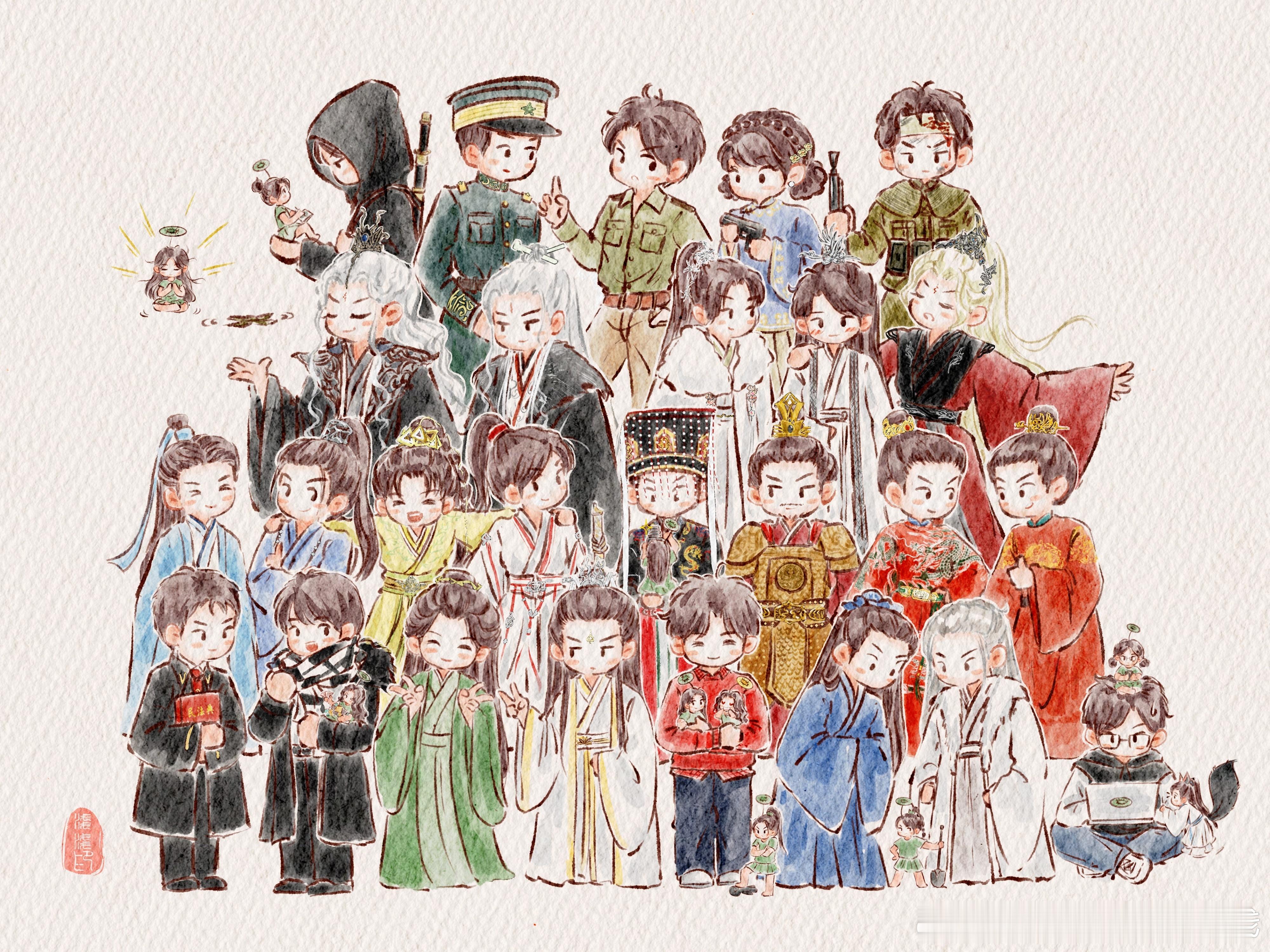 成毅角色大合影，大大画的栩栩如生啊！中间C位是傅诗淇同学嘛，抱着的是黄心和绿心果