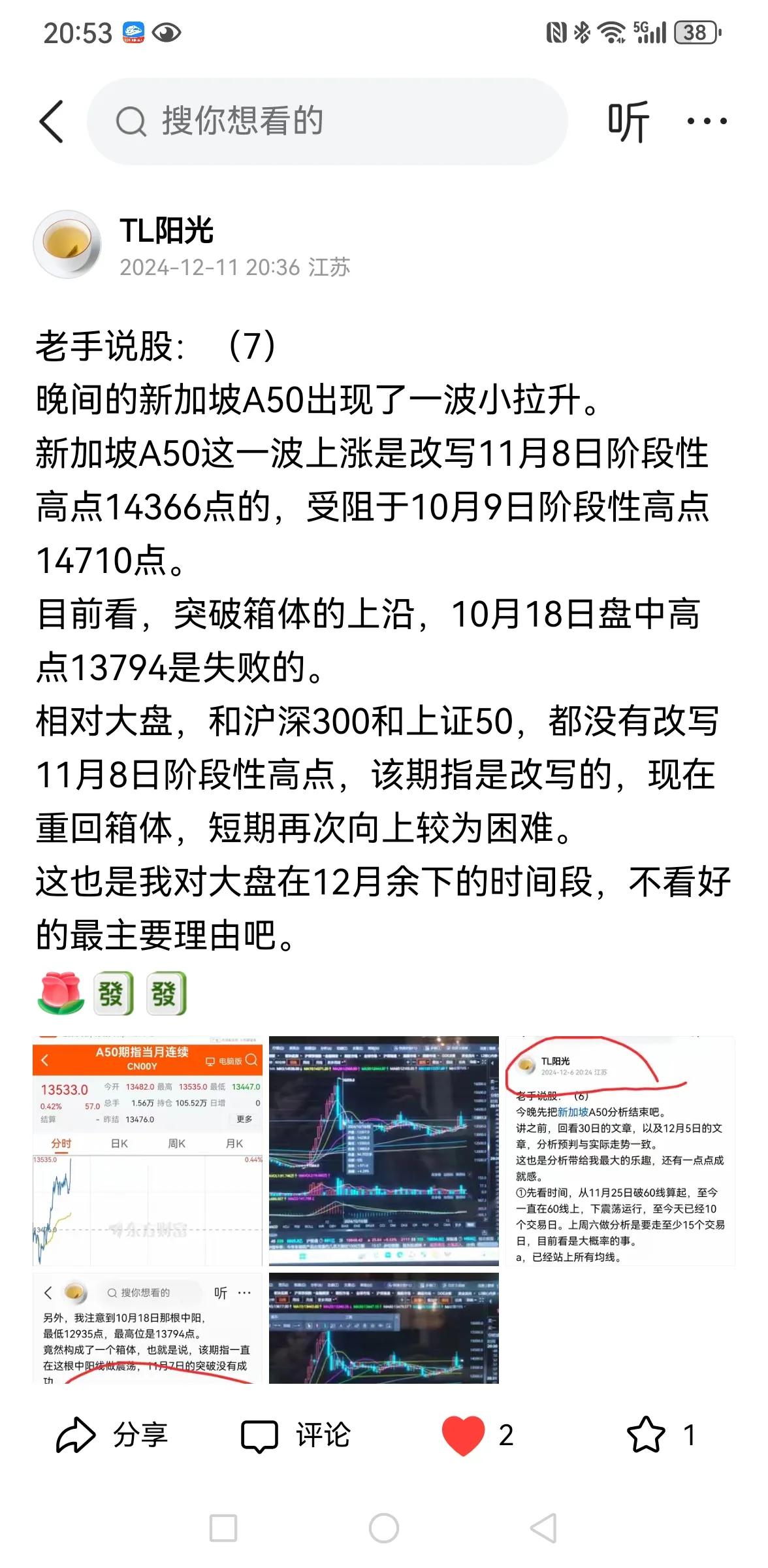 老手说股：（8）
晚间，我仔细比对了新加坡A50的走势，主要是10月8日以后的。