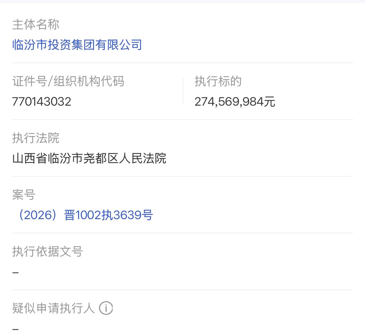 临汾市投资集团有限公司被执行
证件号/组织机构代码
770143032
执行标的