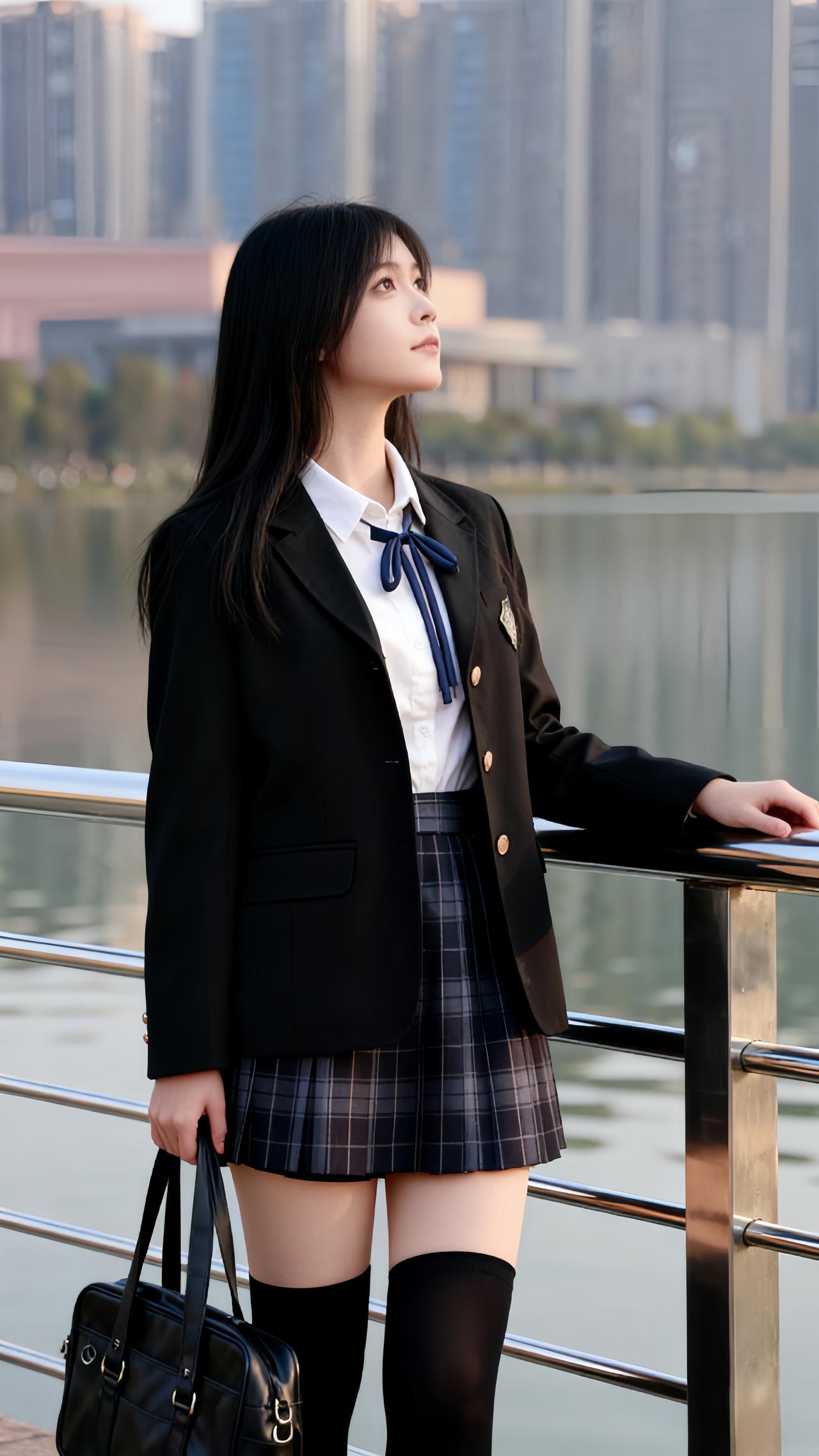 穿搭风格:正统学院风jk制服套装
 
少女身着正统学院风JK制服套装，气质清冷又