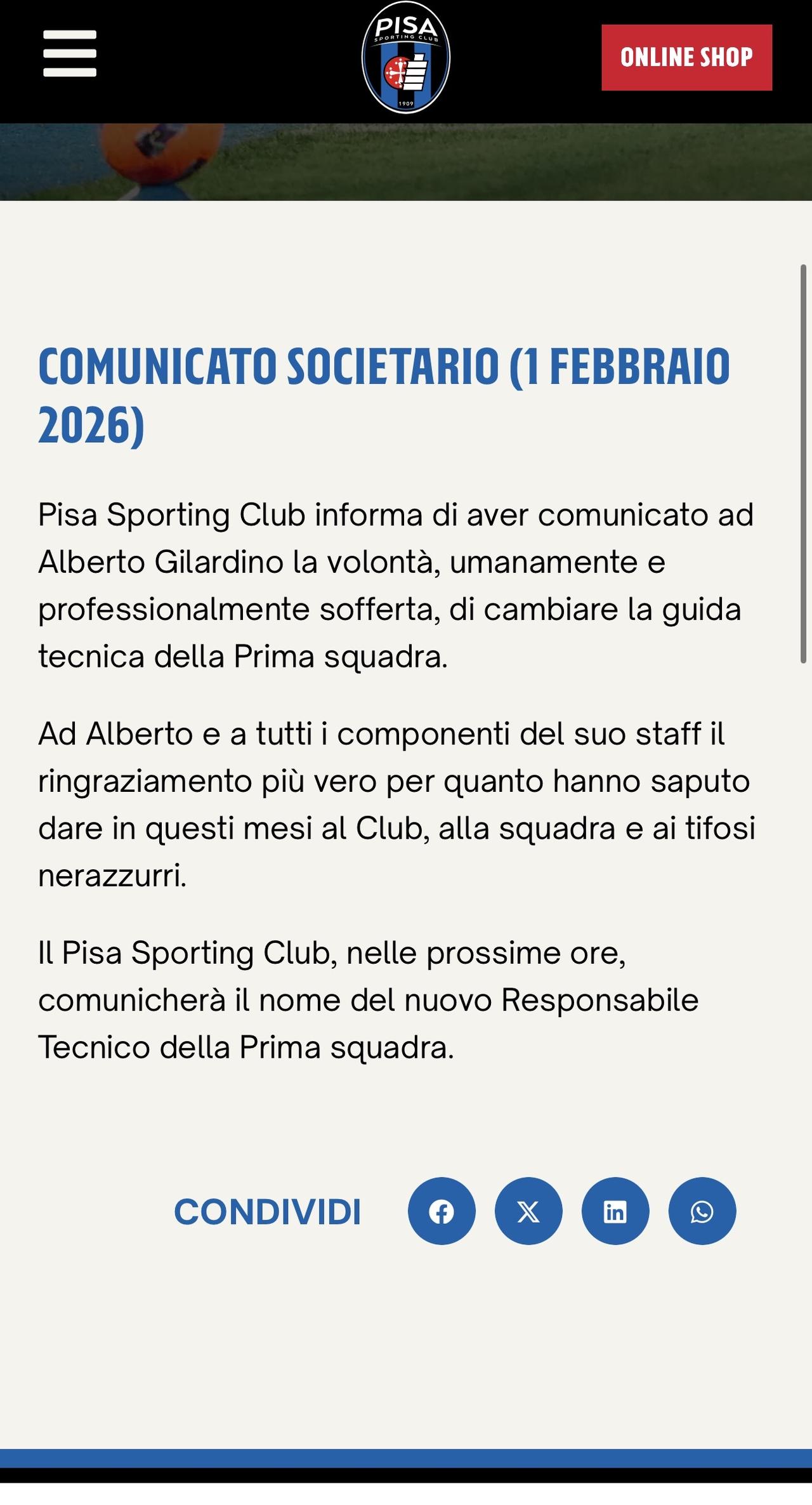 【吉拉迪诺下课】
比萨官宣吉拉迪诺下课，昨天1-3萨索洛是导火索，冬天比萨做了一