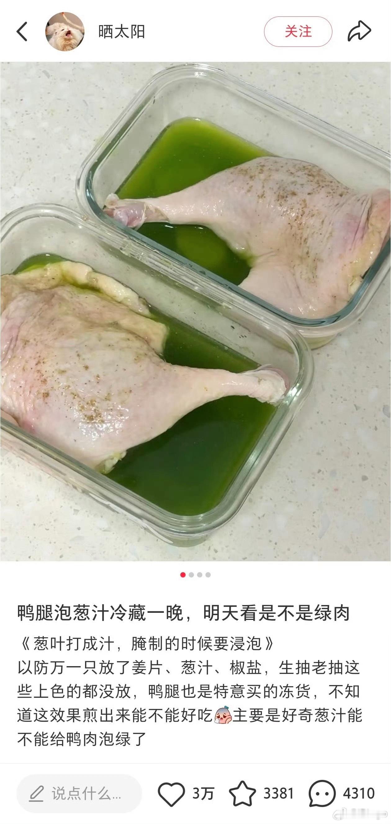 绿腿实验有网友复刻的鸭腿泡葱汁实验，出结果了，完全没绿 网友实测葱汁腌鸭腿烤制