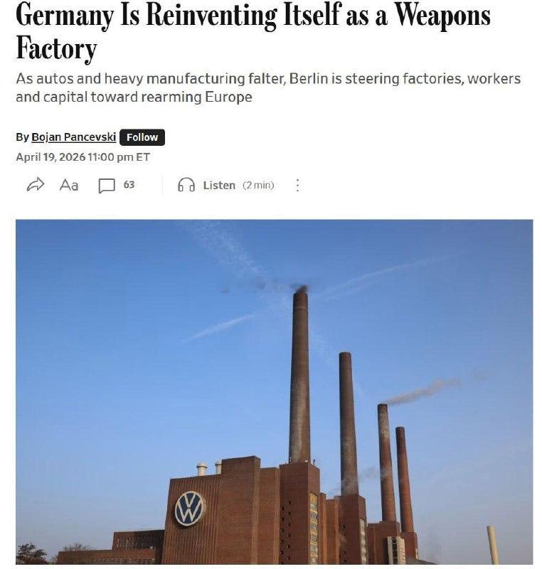 WSJ报道，在经济衰退的背景下，德国正将其汽车工业转向军工生产。该报指出，德国正