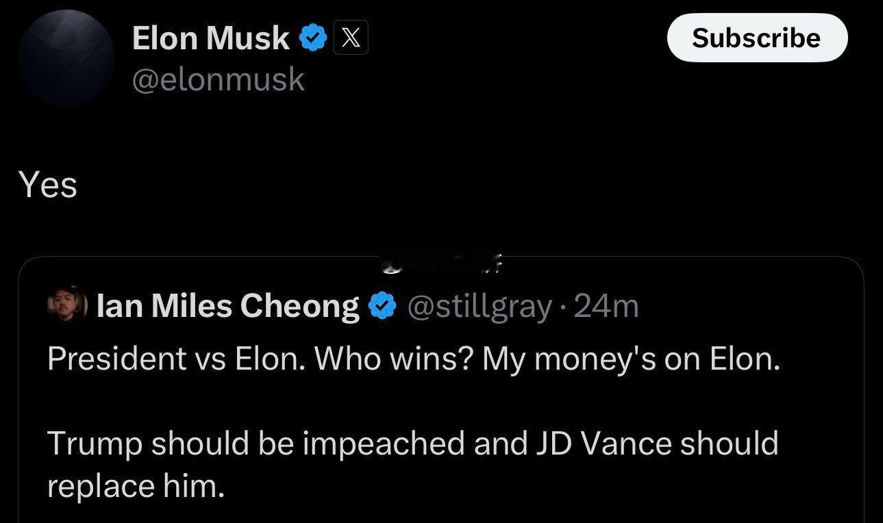 埃隆·马斯克支持弹劾特朗普，并支持 JD Vance 接替他担任总统。 ​​​