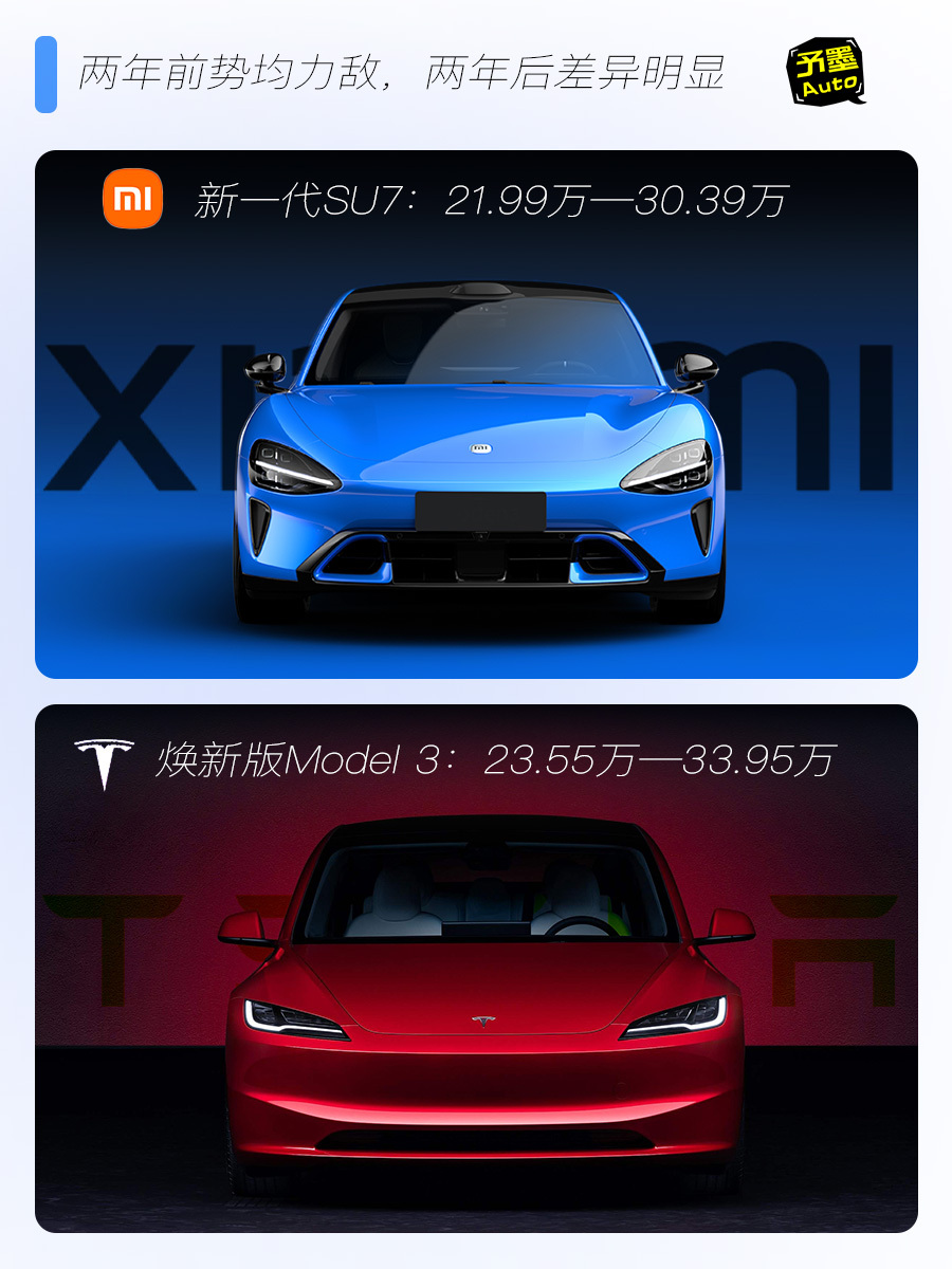 新一代小米SU7对比Model 3，怎么选？手握20万+预算想买纯电车的消费者，