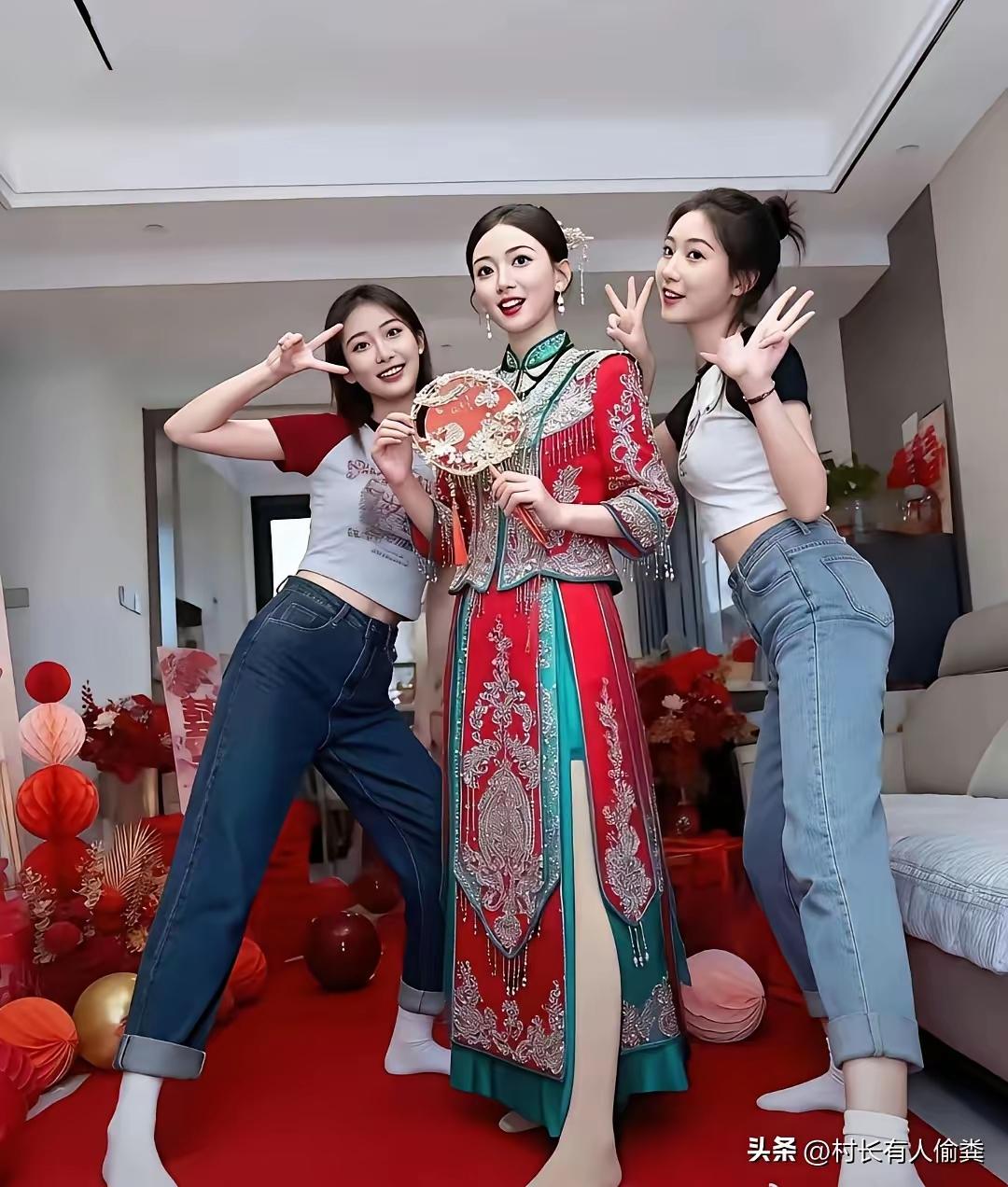 新婚喜气浓，
幸福绽笑容。
留念拍下照，
友谊胜亲情。