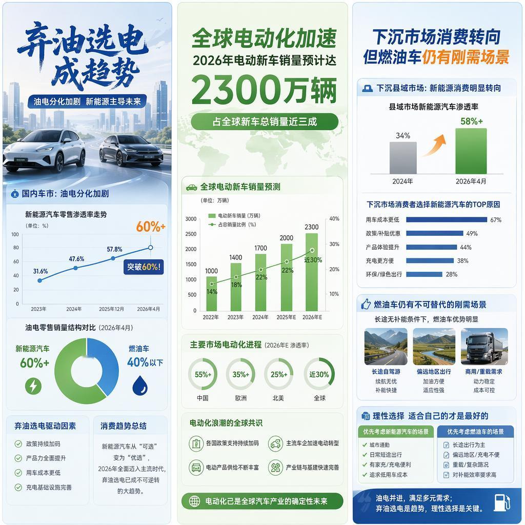 渗透率突破60%！弃油选电成主流，但燃油车并未彻底退场

2026年的国内车市，