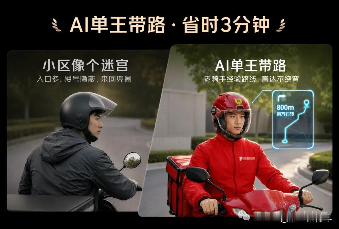 点外卖又多一层安全感✅京东外卖AI头盔太会了！
除了导航、语音提醒，居然还有商户