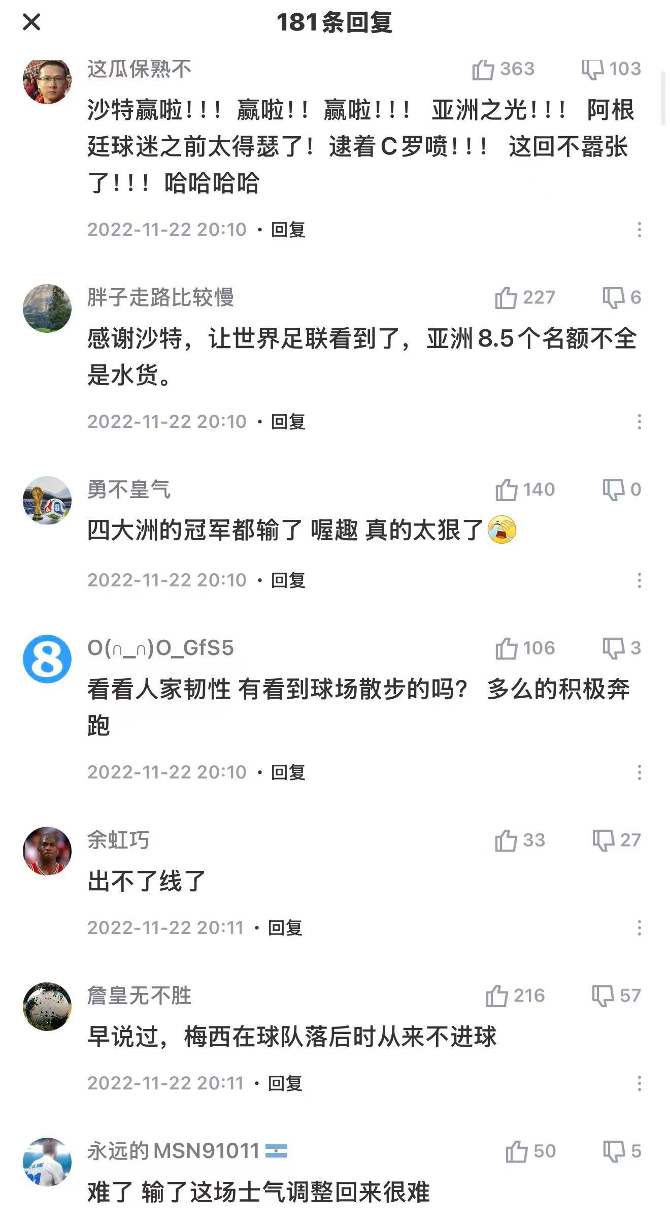 回顾沙特2比1阿根廷时的评论区……沙特1比1乌拉圭围观世界杯世界杯