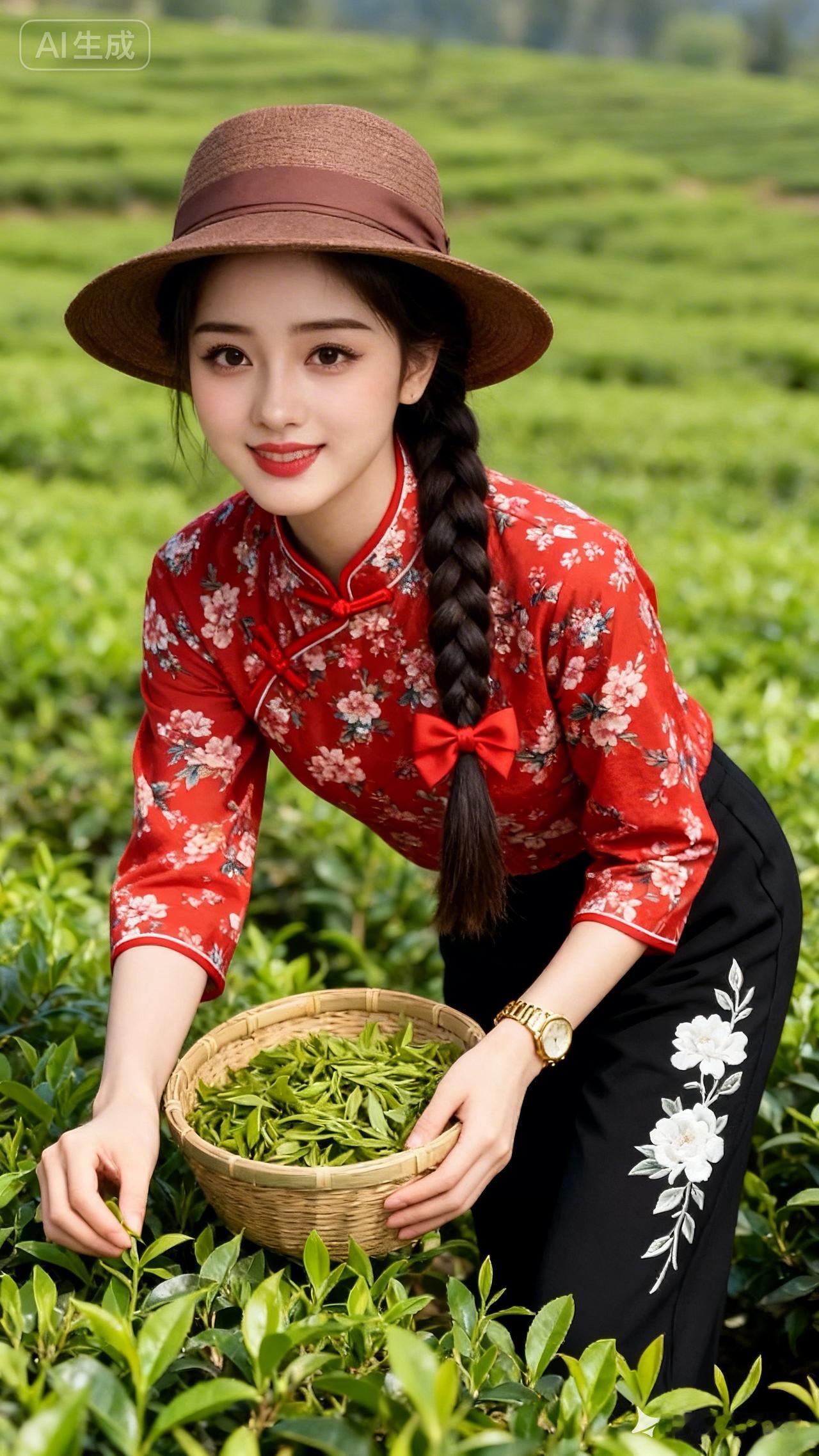 茶园里的少女，采摘鲜嫩新茶，感受自然的美好。