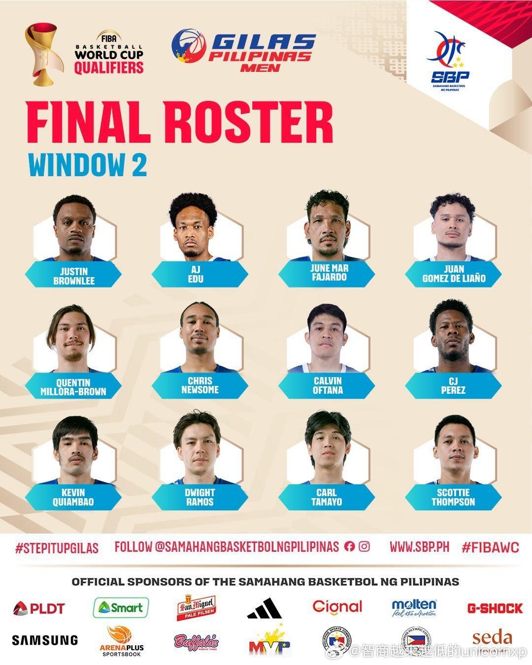 菲律宾确定12人第二窗口名单亚洲篮球FIBA