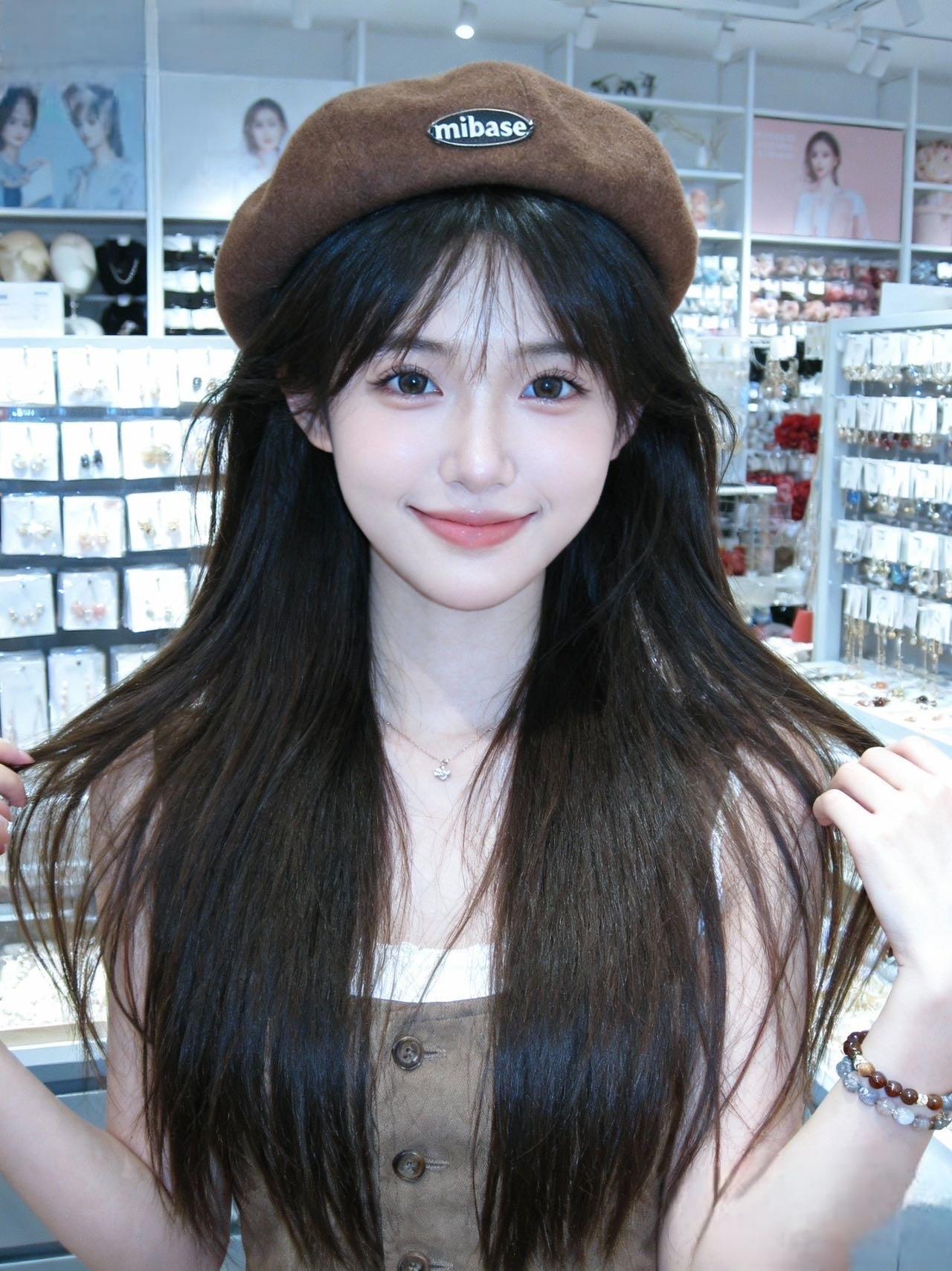 今天逛饰品店的时候被自己这身搭到心坎里！棕褐色贝雷帽上的“mibase”标好戳复