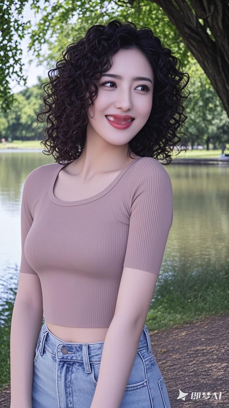 阳光下的甜美笑容，自然卷发的魅力，公园里的美好时光。🌞🌿😊