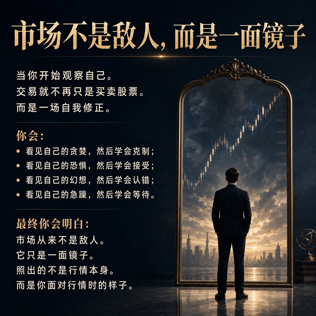市场不是敌人，而是一面镜子当你开始观察自己，交易就不再只是买卖股票，而是一场自我