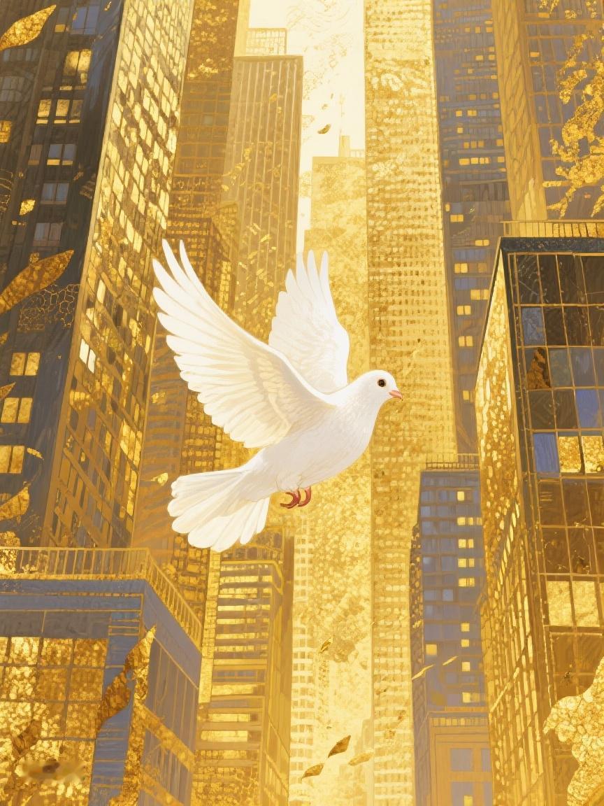 AI妙生图白鸽于金色高楼间振翅，似在冲破束缚，向着希望的远方，追寻自由之光✨
