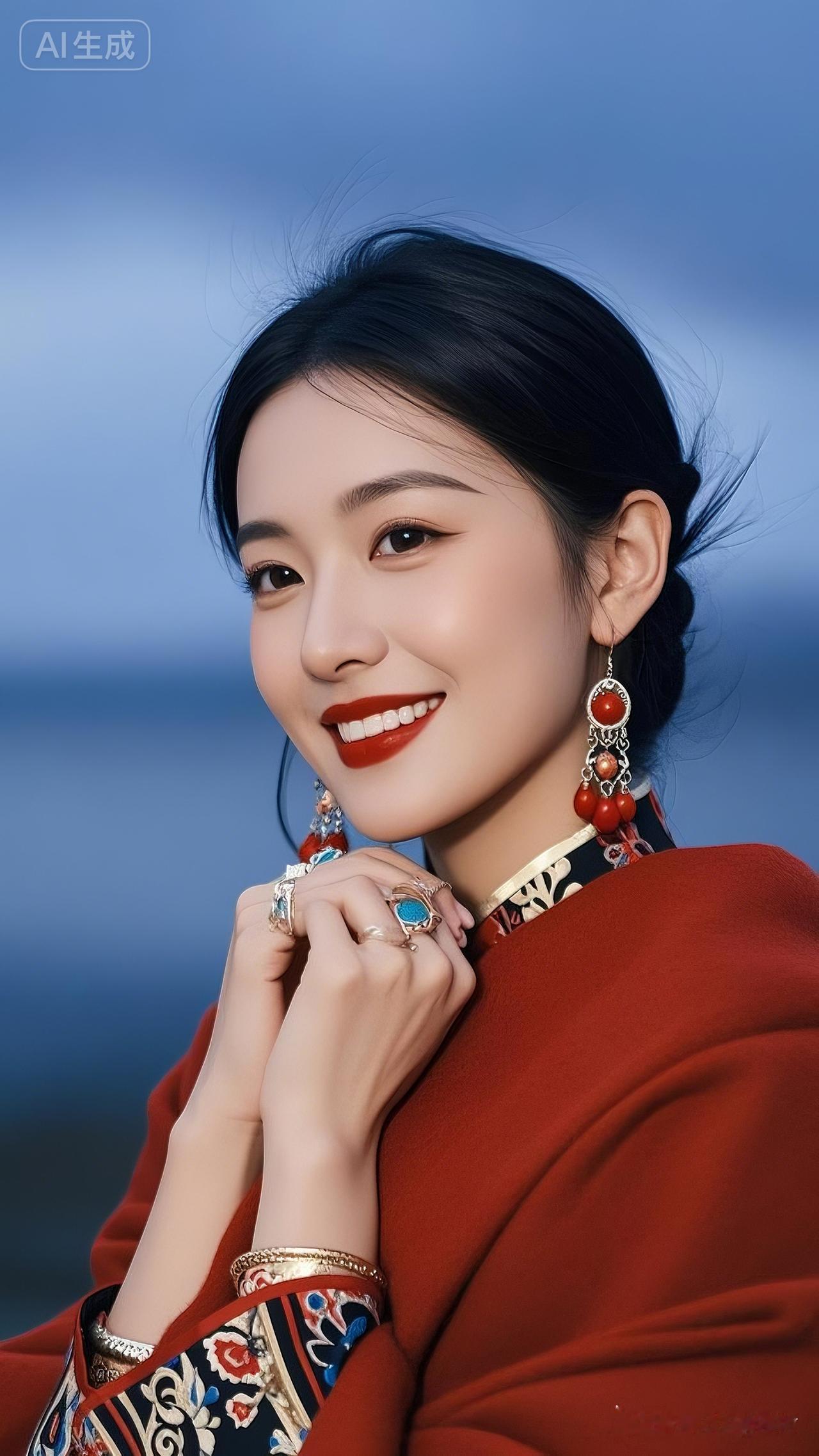 优雅红衣美人，笑靥如花，尽显东方韵味！