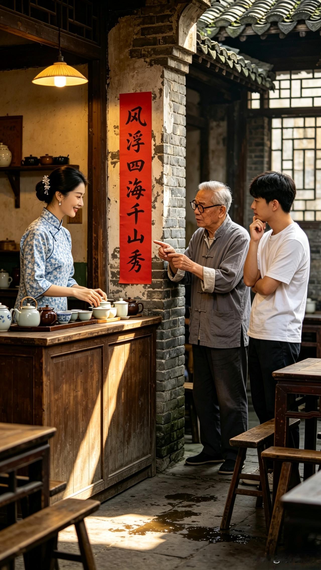 石溪码头边这家老茶馆的墙上，挂了句上联，老板娘天天坐在柜台后头，就盼着能等来个懂