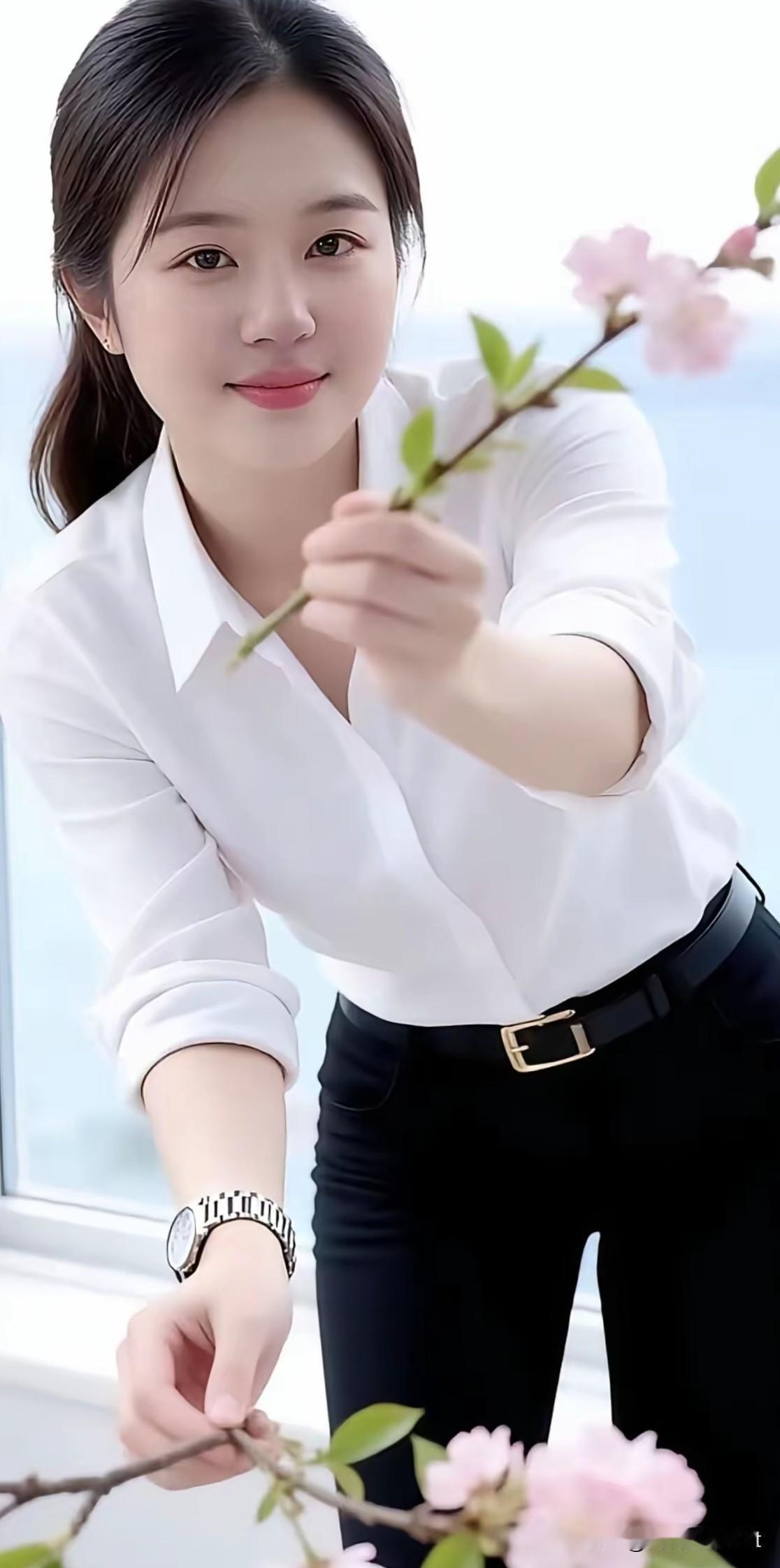 五律·樱窗婉容
 
晴窗舒雅韵，素袂沐春风。
纤手拈芳朵，清眸映浅红。
眉含千种