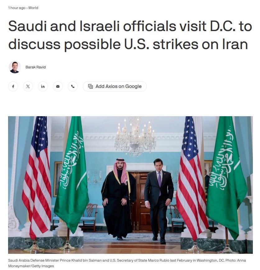 据Axios报道，特朗普政府本周正与以色列和沙特的高级国防及情报官员进行会谈，特