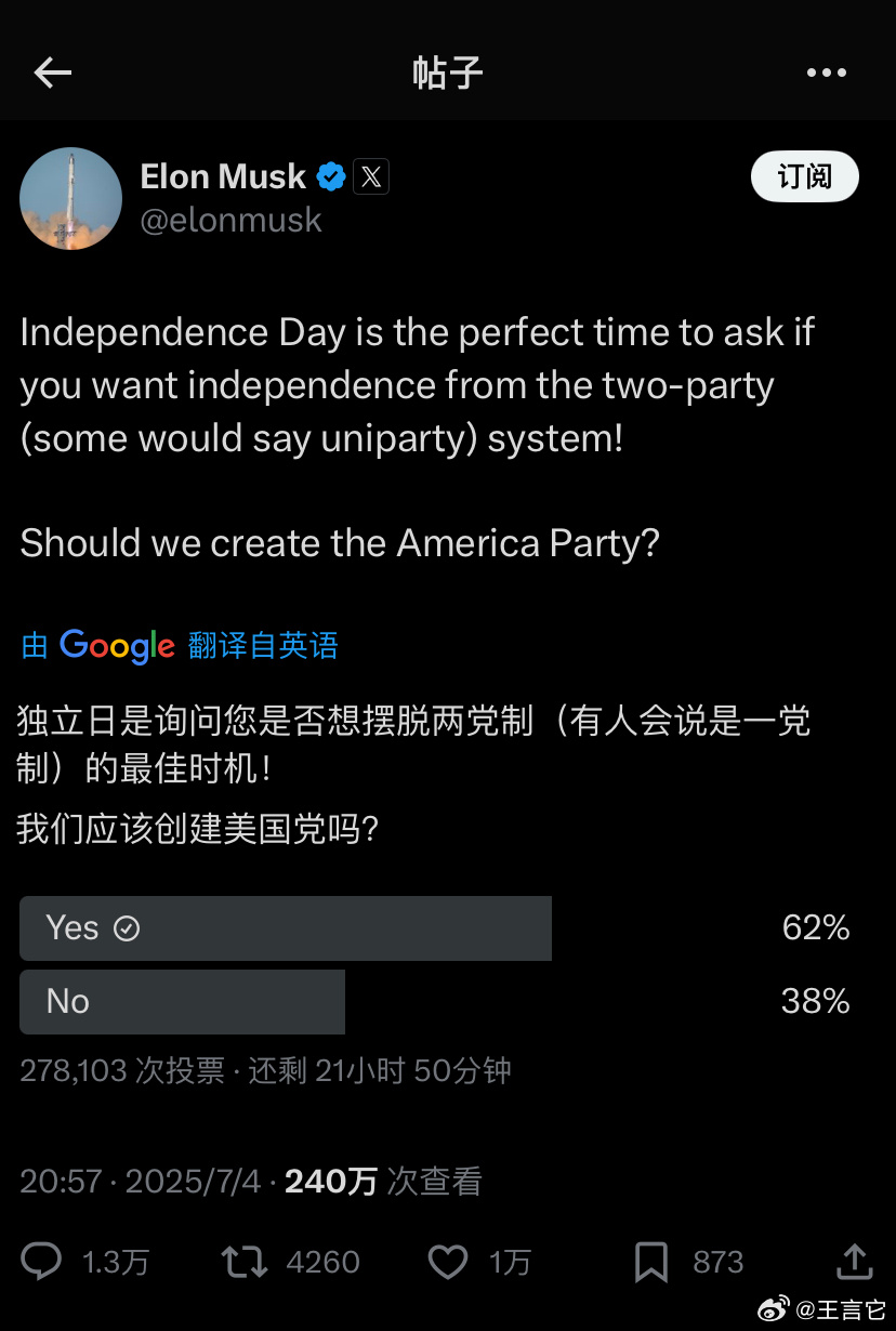 ‼️马斯克在X上做了个在线调查，这个帖子上线两小时，240万人查看，共27万人投