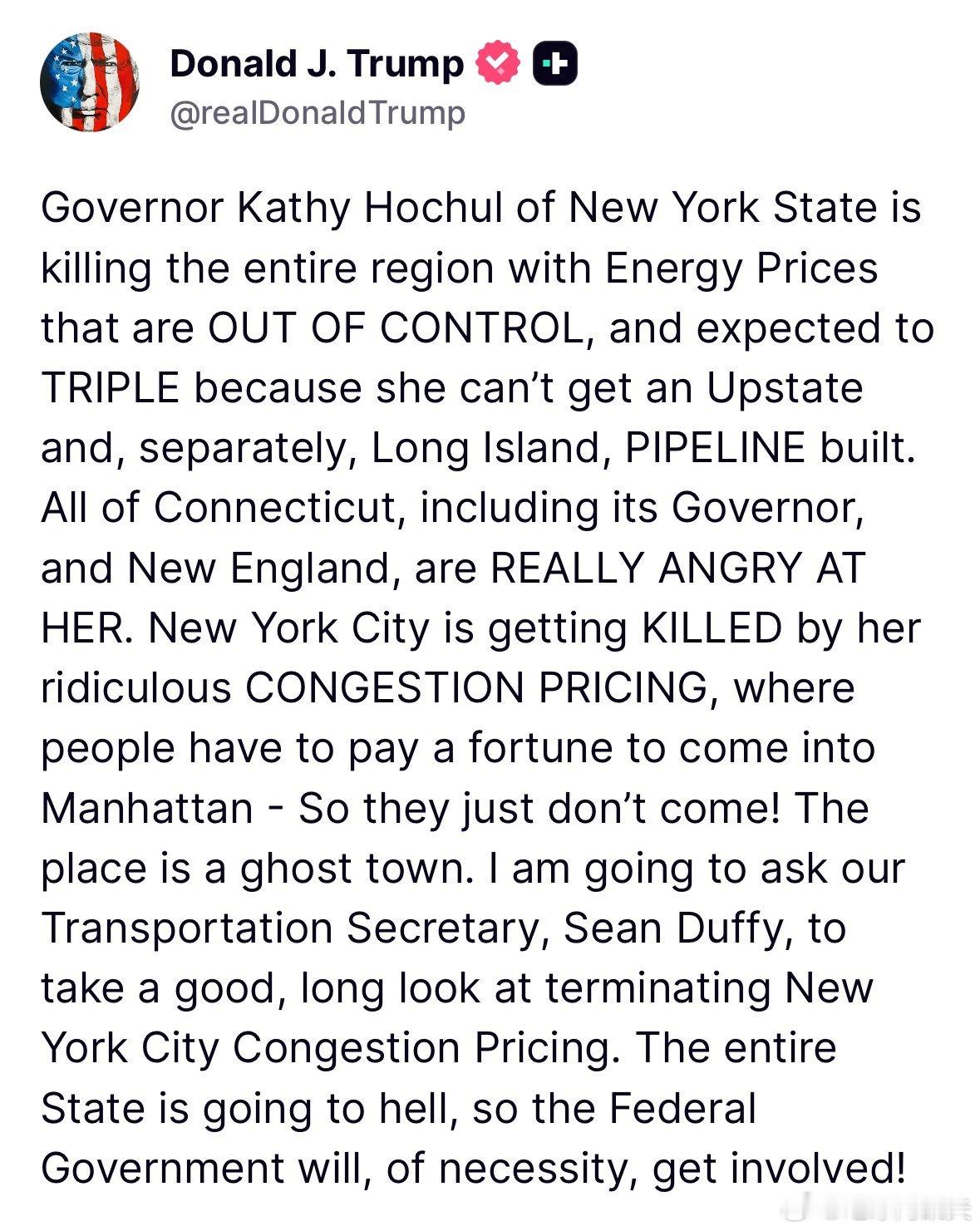 ‼️特朗普着手整顿纽约州：“纽约州州长凯西·霍赫尔（Kathy Hochul）正