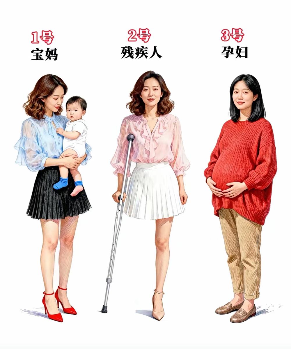 如果地铁碰上这三位女子，你给谁让座？
乍一看比较难抉择，细一对比马上就知道该给谁