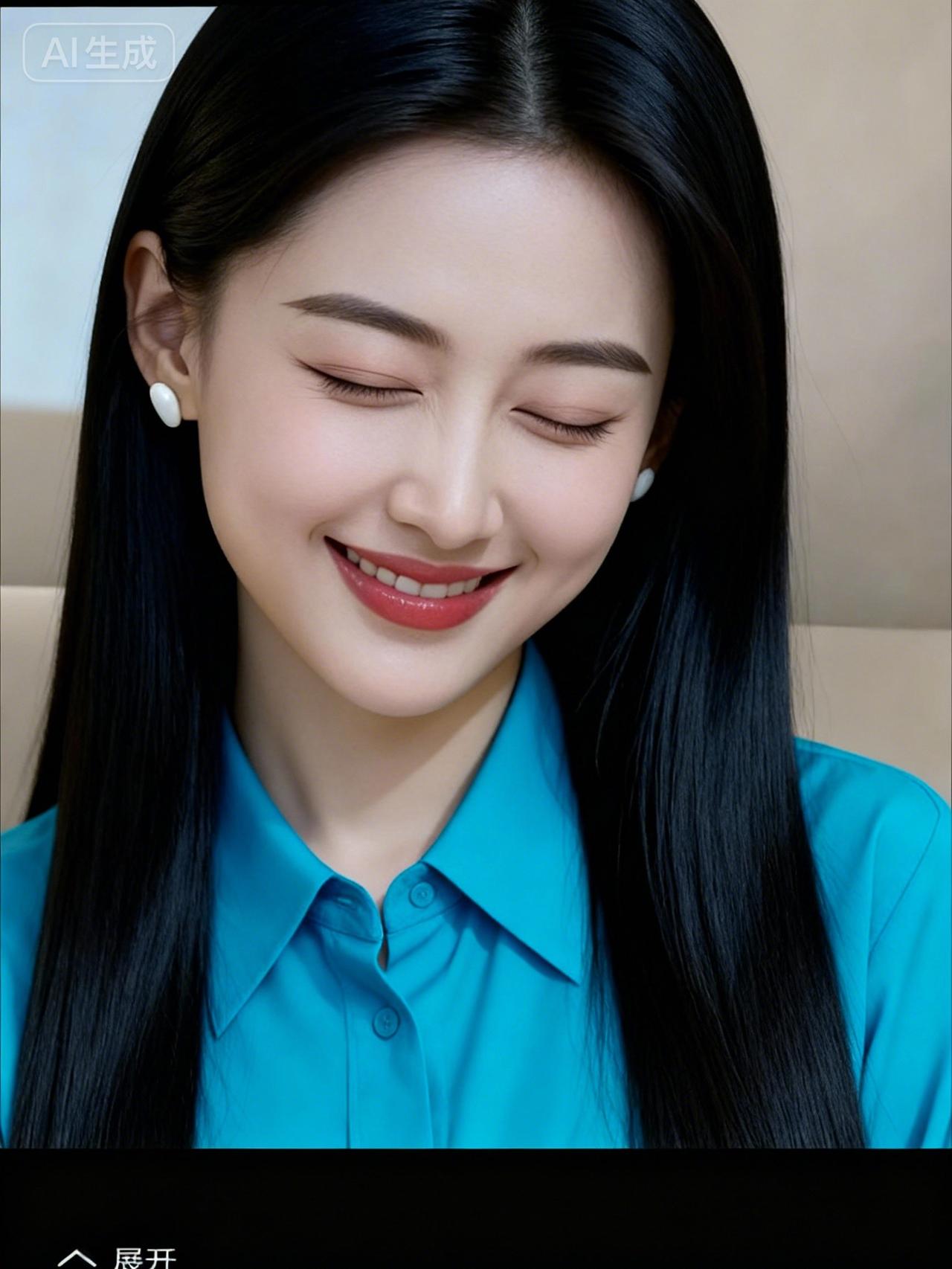 这位小姐姐笑容甜美，眼睛微闭。