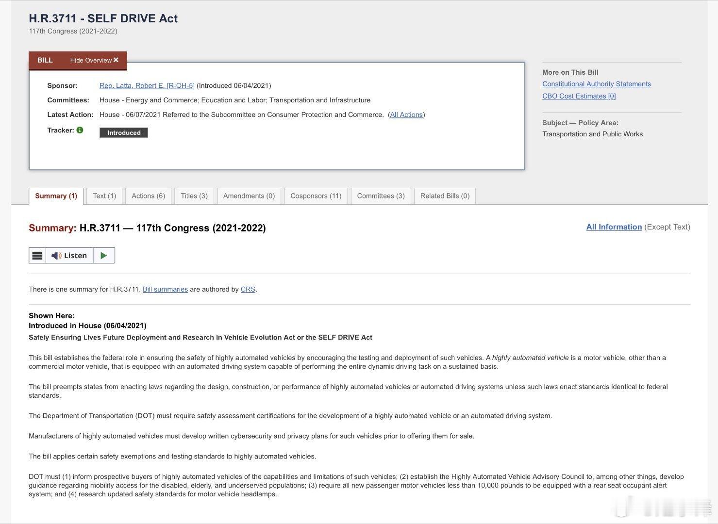 新闻：《自动驾驶法案》是一项旨在让自动驾驶汽车更容易在全国范围内上路行驶的两党立