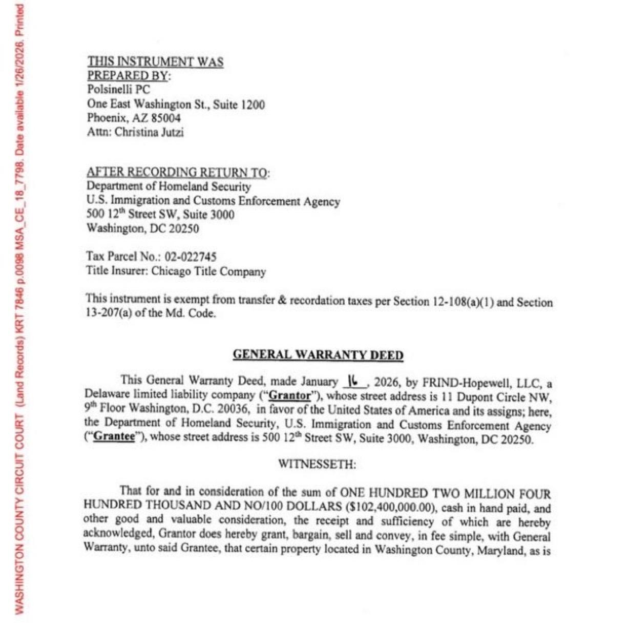 据房产记录显示，美国移民及海关执法局 (ICE) 已在马里兰州购买了一座价值 1