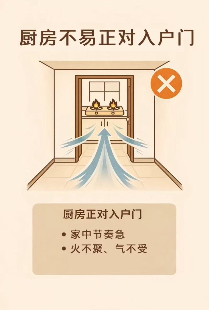 老肖漫谈初心易学 入户门是全屋纳气关口，厨房主膳食耗财之气，两门正对大忌气直难蓄
