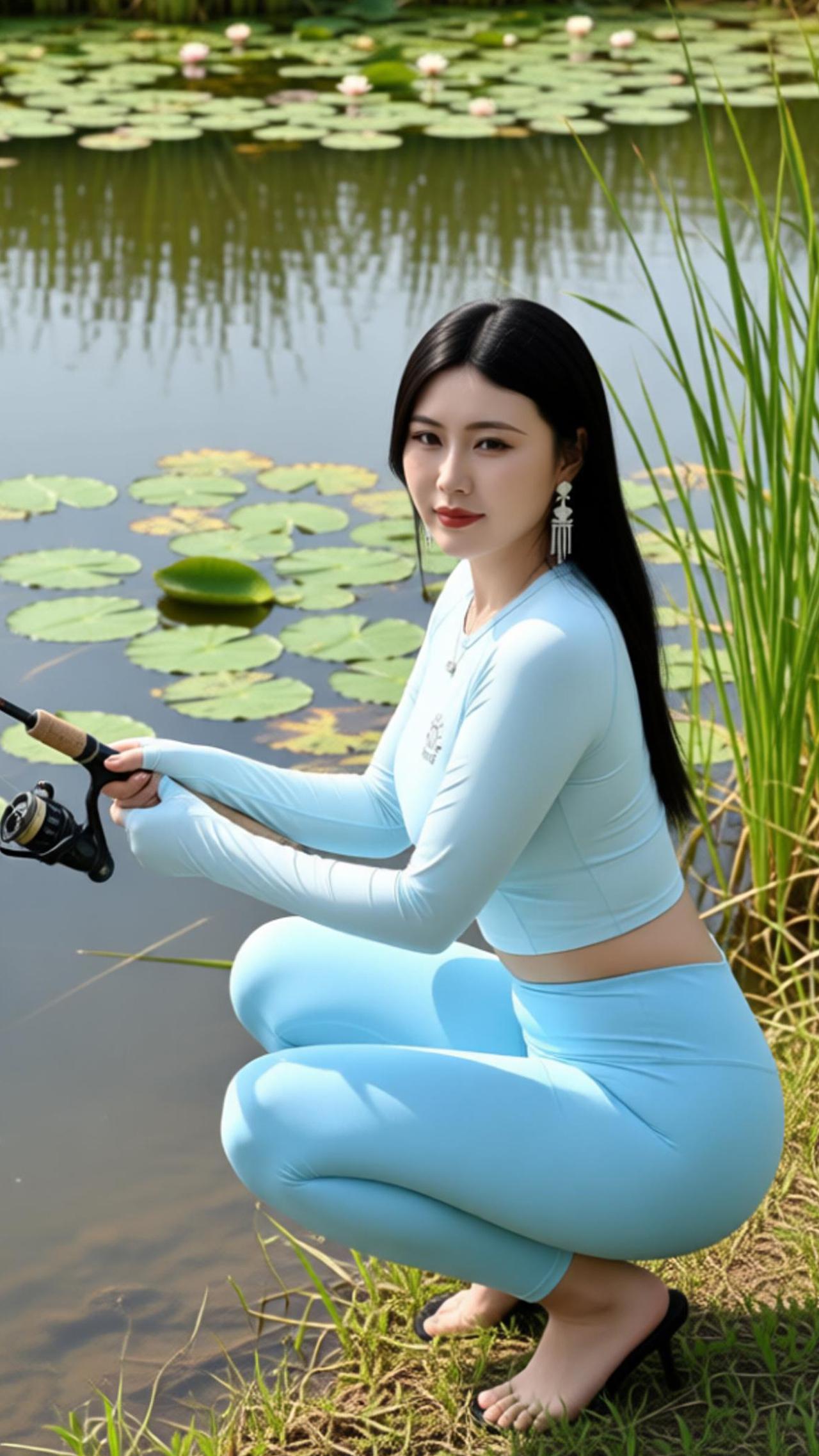 这大热天的，瞧这位穿浅蓝运动服的美女，站在湖边甩杆钓鱼，这叫会享受！清风拂面、湖