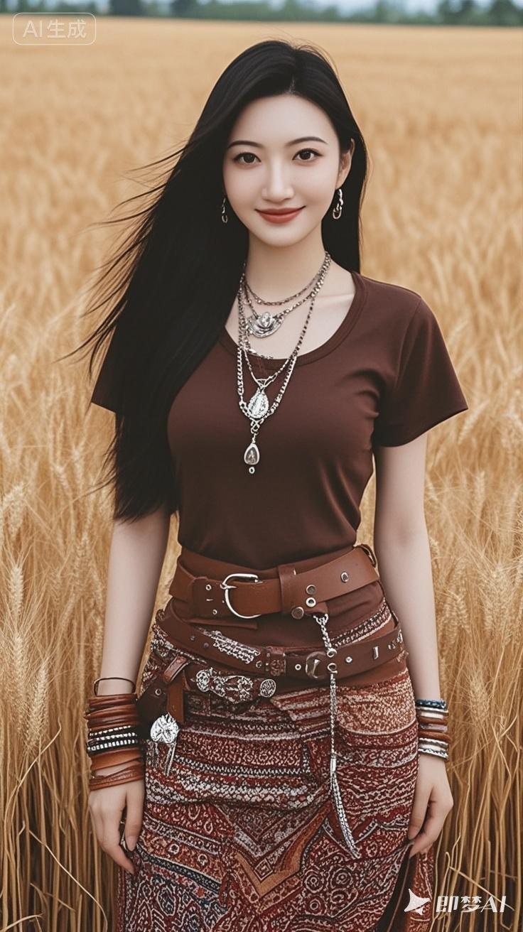 金秋麦田中的时尚少女，复古与现代的完美融合。