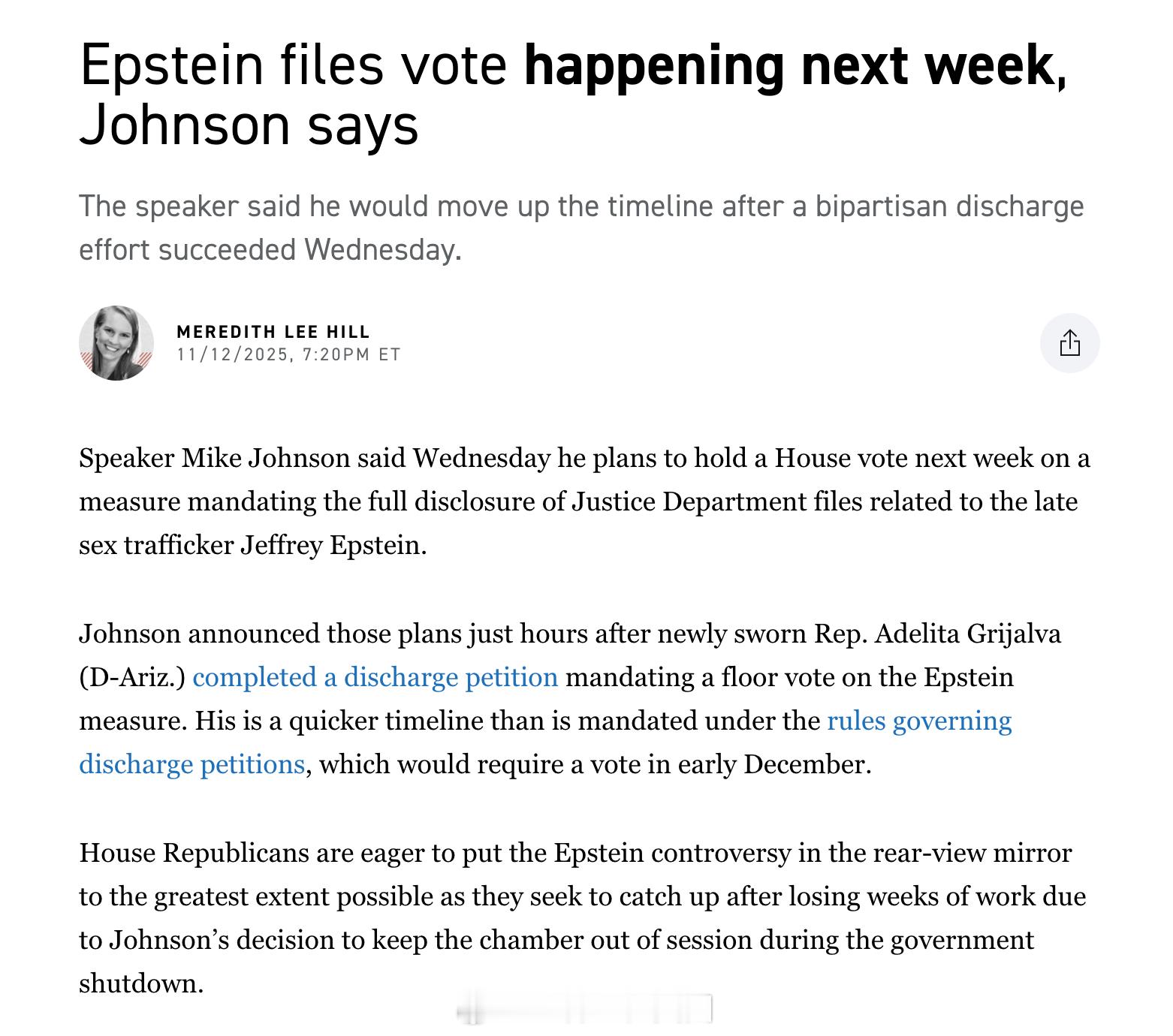 议长Mike Johnson今天表示，他计划在下周举行众议院投票，表决要求司法部