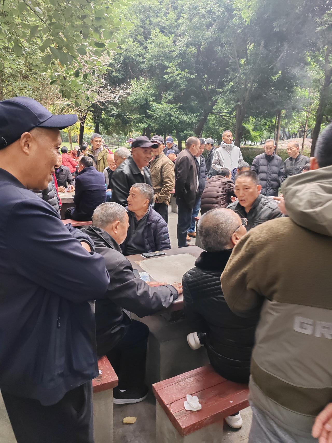 大家在公园里聚在一起玩牌。树荫下，石桌旁，三五好友或邻里街坊围坐一圈。洗牌的哗啦