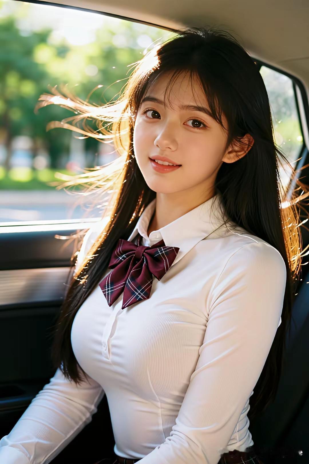 阳光洒进车里，她微笑着看向镜头。