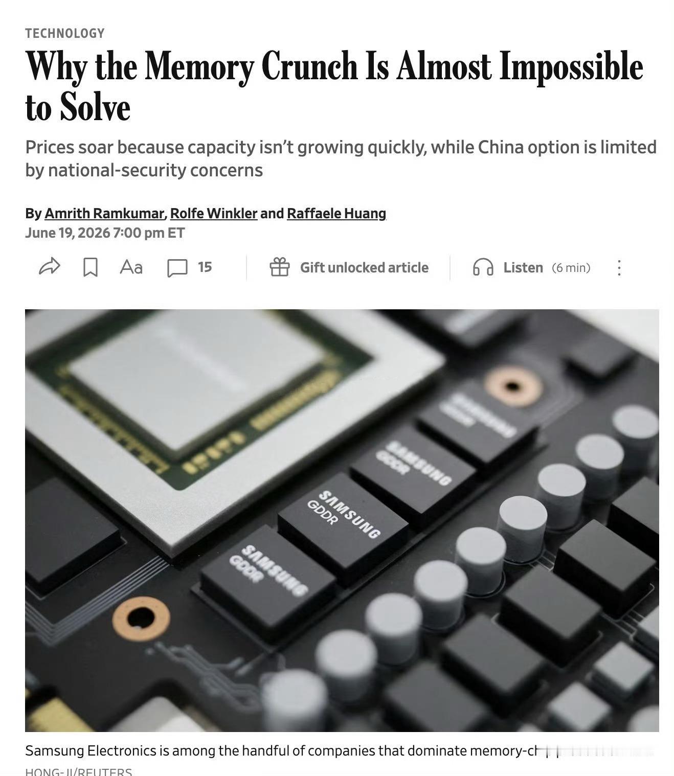6月19日，WSJ 发表了一篇题为《Why the Memory Crunch 