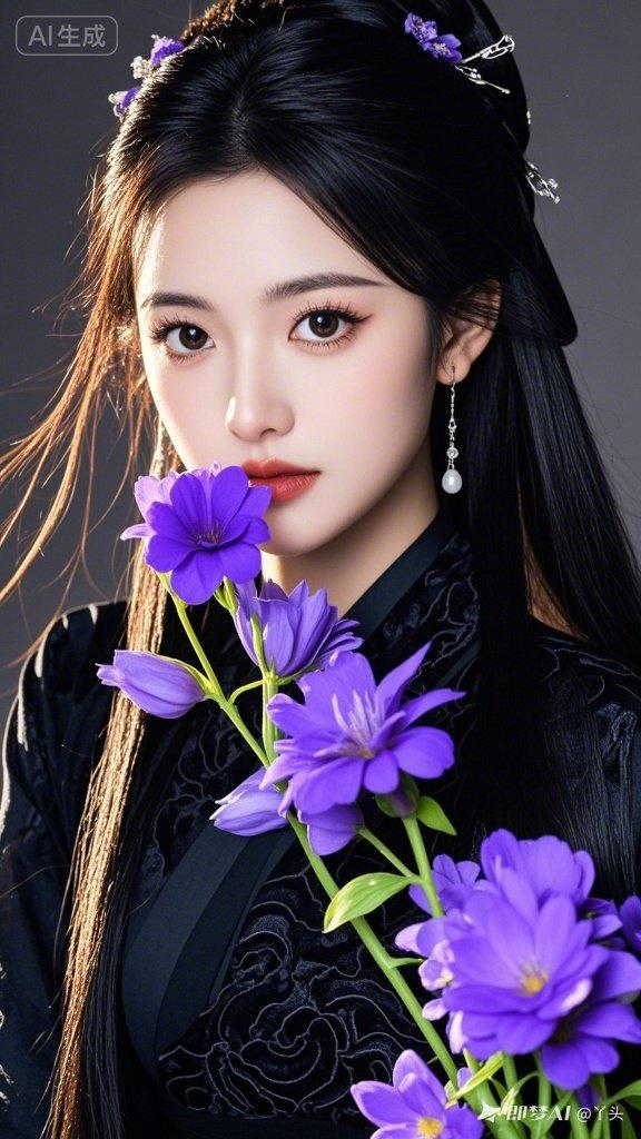 十八岁古装美人浓眉大眼长睫灵动。长发如瀑垂至腰际，身着华贵玄色衣袂，轻拥娇艳紫花
