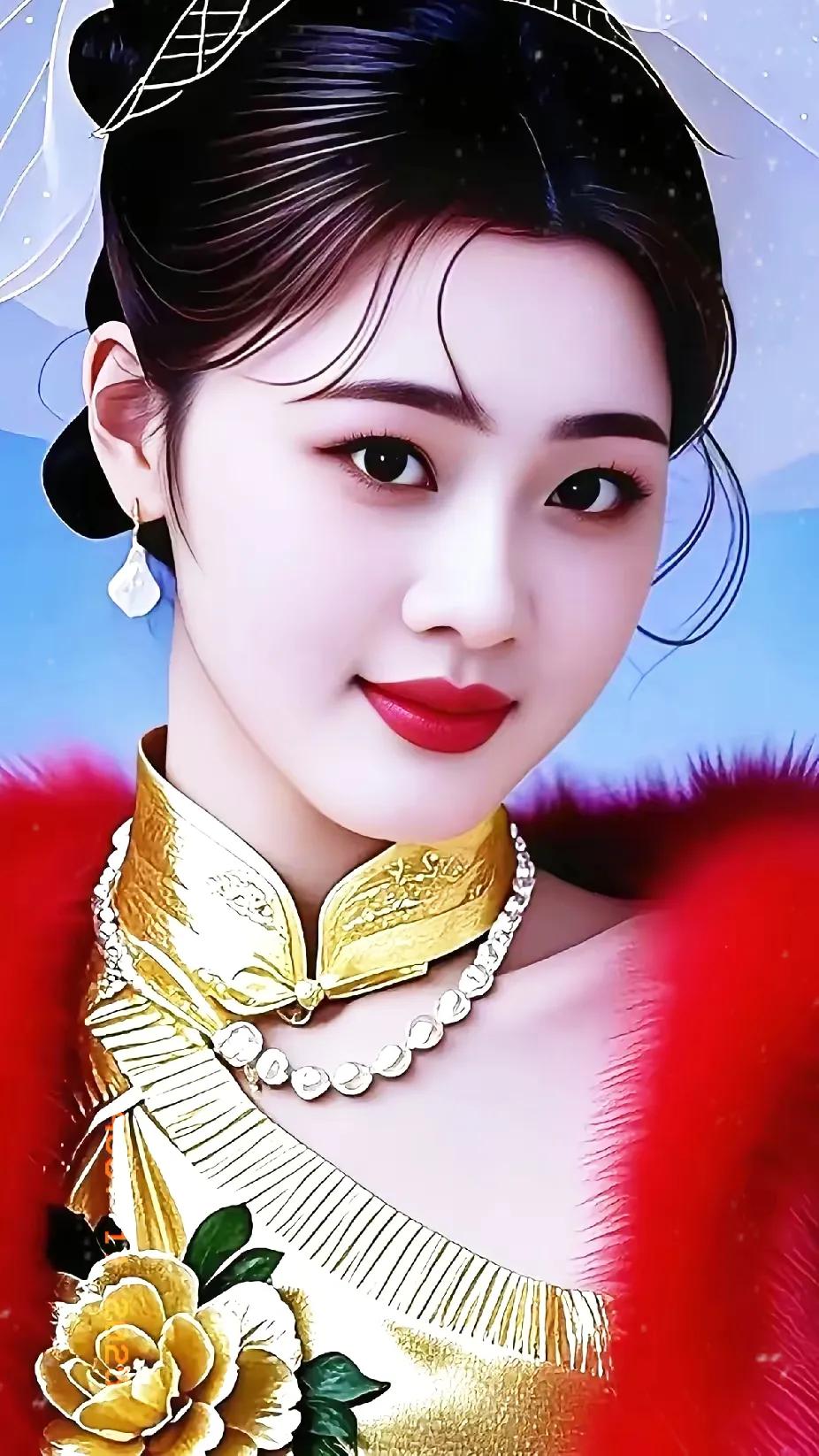 惊艳的古典美人，金衣红裳，宛如画中仙子