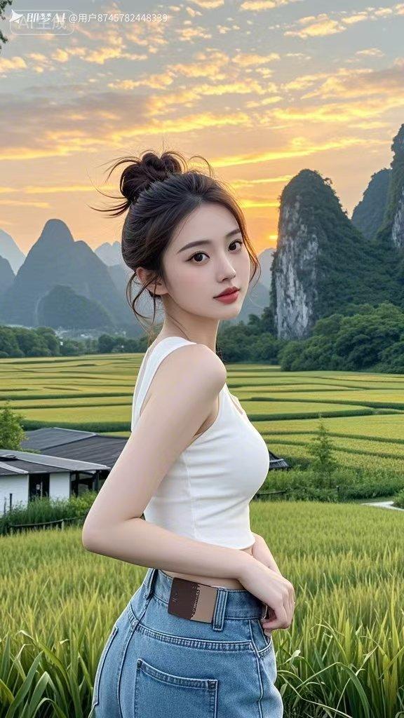 落日铺满金黄稻田，山野晚风轻拂发丝，少女置身层叠山水间眉眼含笑，霞光漫染周身，温