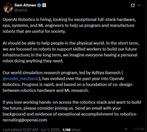 OpenAI 终于要做机器人了。6 月 1 日凌晨，OpenAI CEO Sam