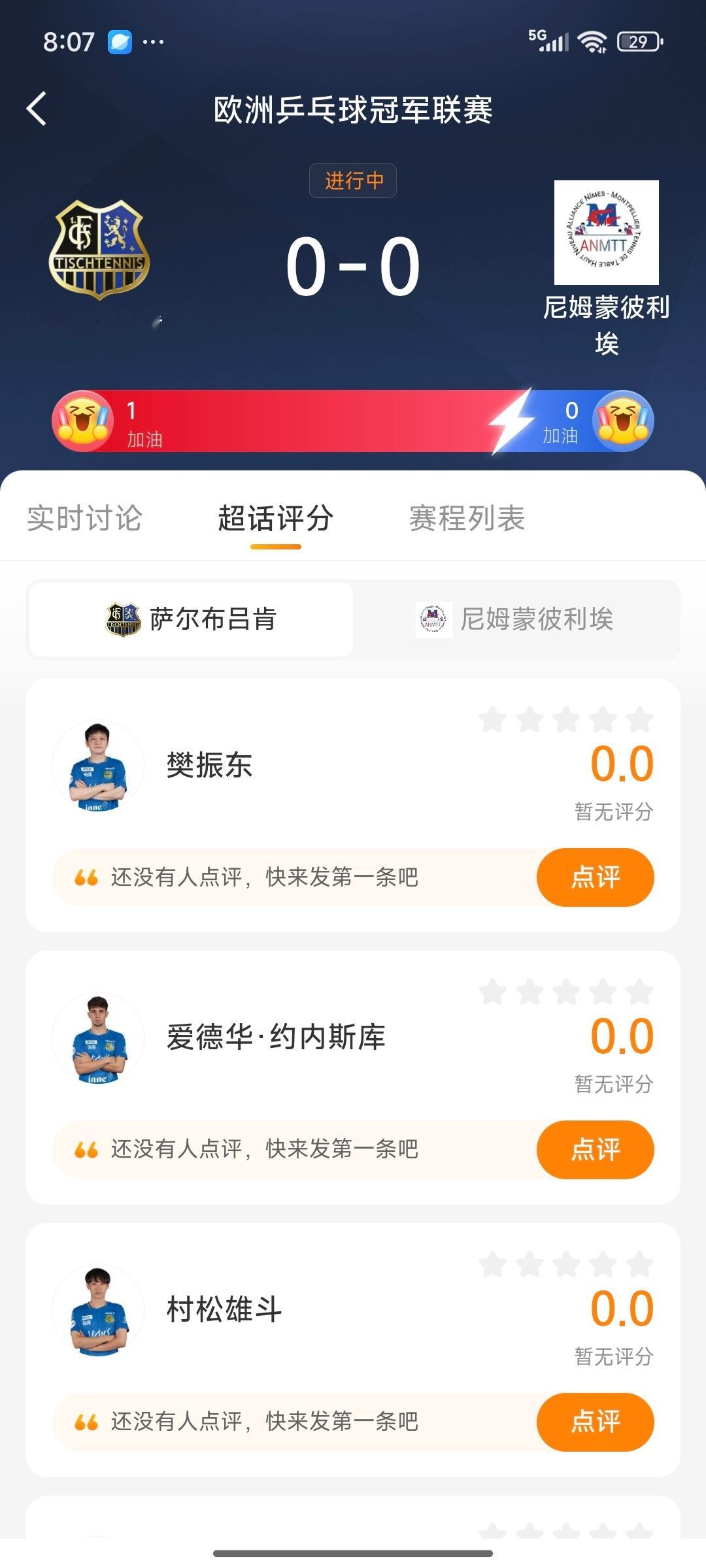 乒乓球乒乓球欧冠决赛正在进行中，目前已上线球员评分，欢迎留下你的宝贵点评。打分入