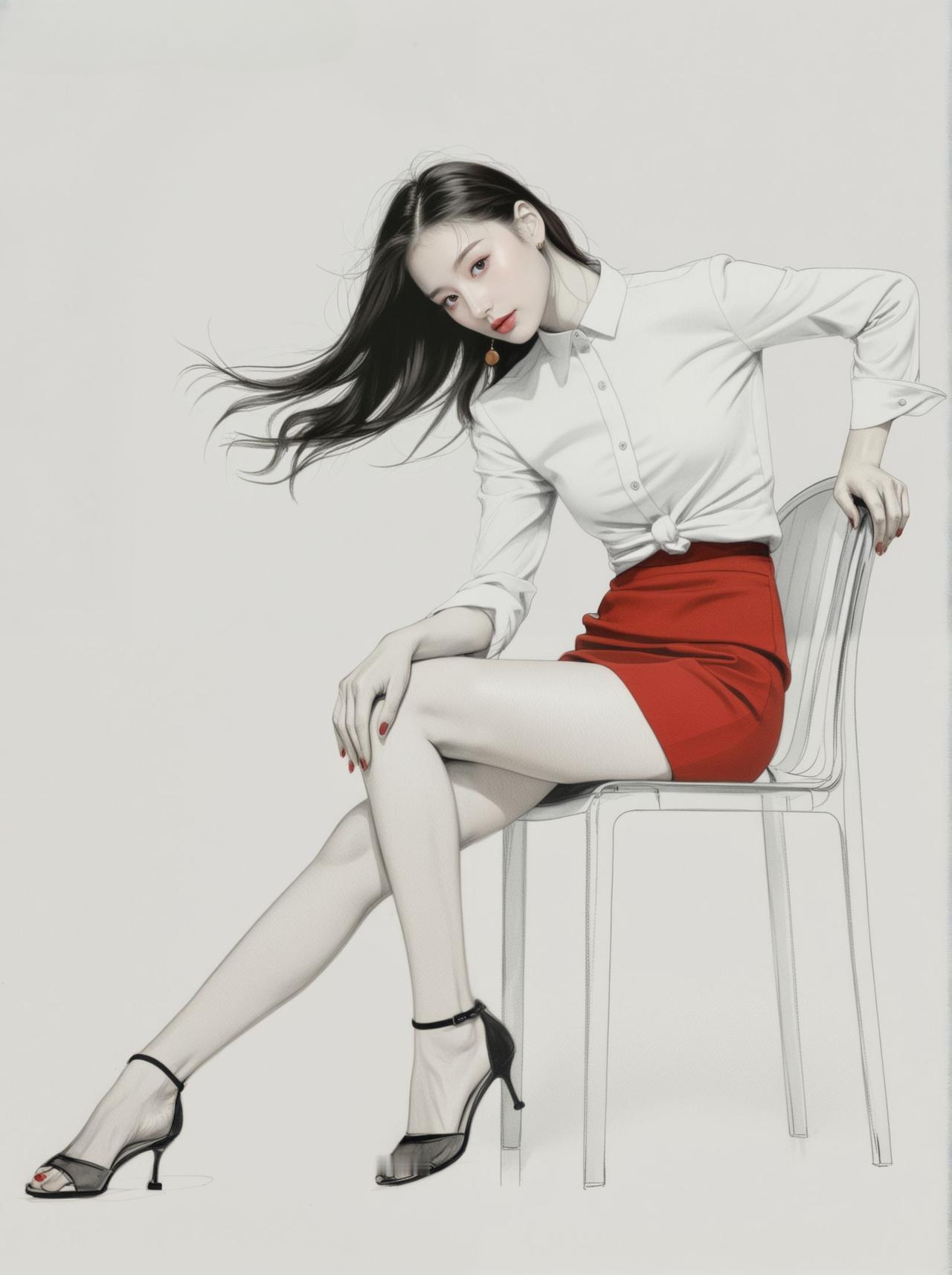优雅红裙与白衬衫的完美搭配，尽显都市女性魅力！👠💃