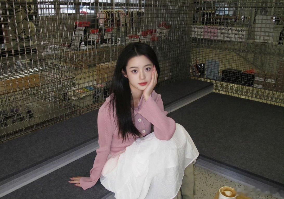 黄杨钿甜的生活小日记里，粉白穿搭在铁丝网前的随拍，软萌又清新。 