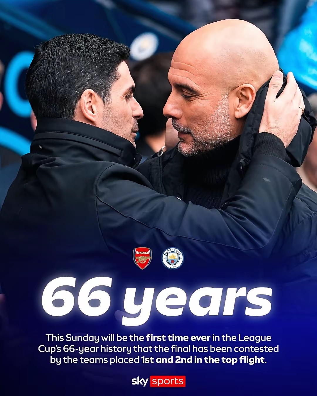 周日，曼城与阿森纳将在联赛杯决赛对决，这是联赛杯66年来首次由联赛排名前二的球队