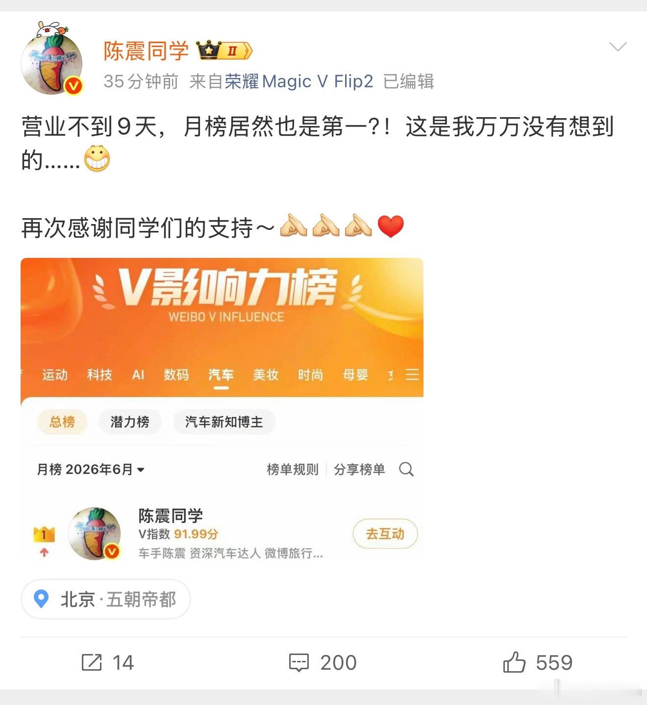 复出9天就是月榜第一了日均访问量40万+陈震的流量比封禁前还高了🥲 